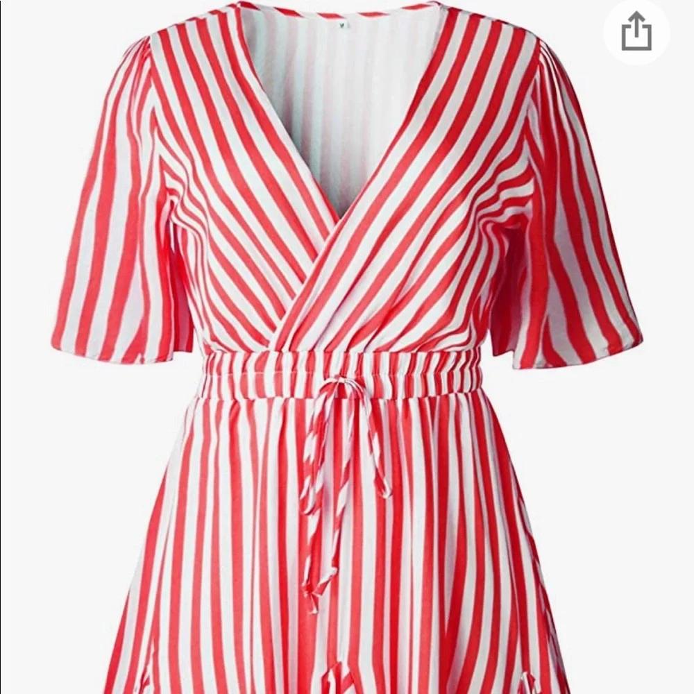 Deep Plunge Red striped Wrap Ruffle Hem Pleated Dress - Picture 2 of 3